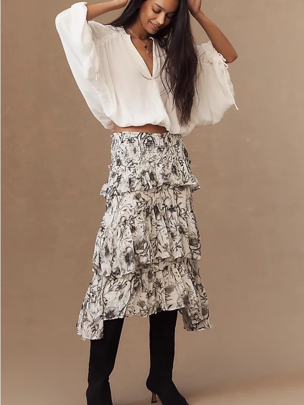 Anthropologie Black & White Tiered Floral Maxi Skirt Size Small